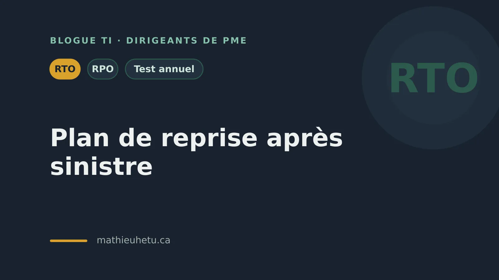 Ligne du temps d'un sinistre : la perte de données mesurée par le RPO avant l'incident, la durée d'arrêt mesurée par le RTO après.